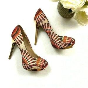 Zigi Girl Multicolor Geometric Stiletto Gold Trim Round Toe Pump Heels Size 7